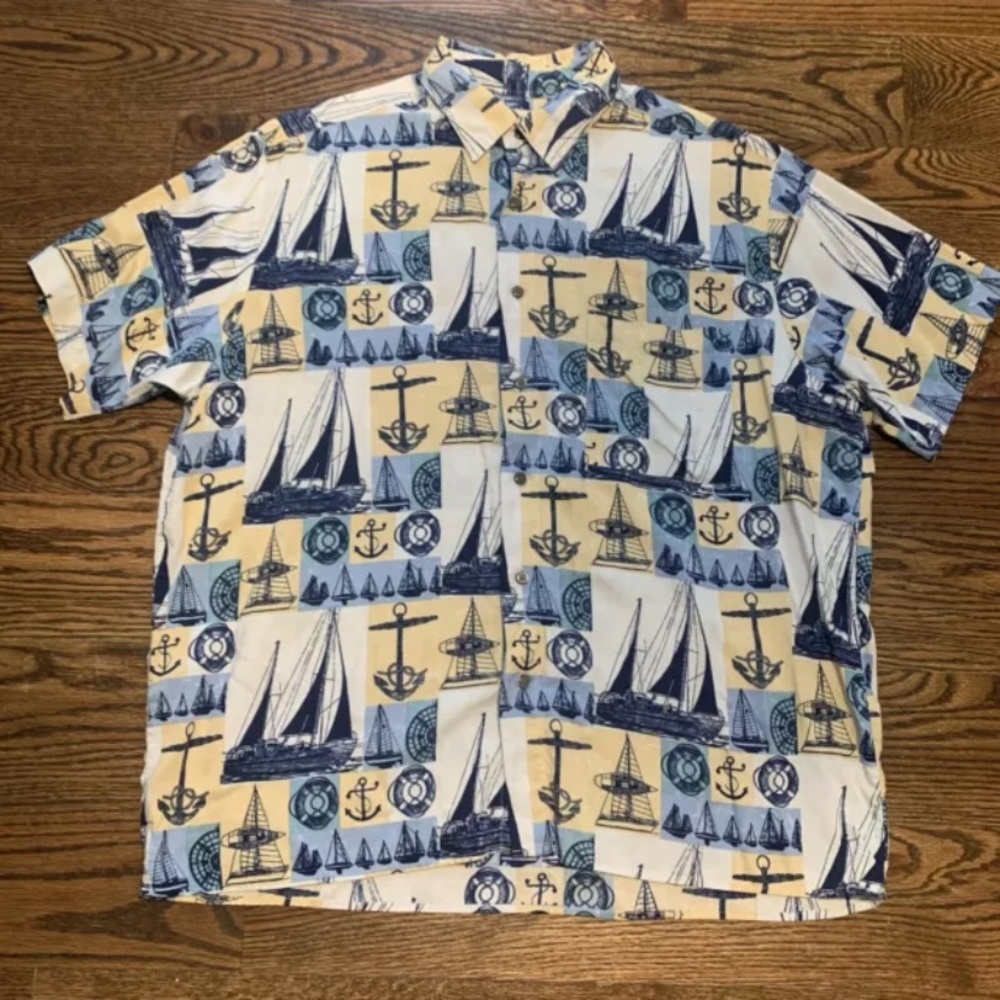 MunsingWear Short Sleeve Nautical Button Up Polo, Mens Size Large, Front Pocket